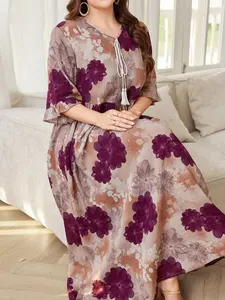 Middle Eastern Plus Size Women's Vintage Print V-Neck Drawstring Long Sleeve Loose Fit A-Line Modest Style Dress, Casual Commuter Fashion, Hijabi Cute Dresses, Plus Size Dresses