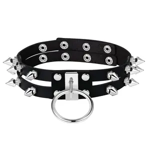 OIDEA Black Gothic Choker Necklace for Women Men PU Leather Double Layer Studded Spike Rivet Punk Rock Adjustable Collar, Gothic Aesthetic Necklaces, Halloween-Themed Necklaces