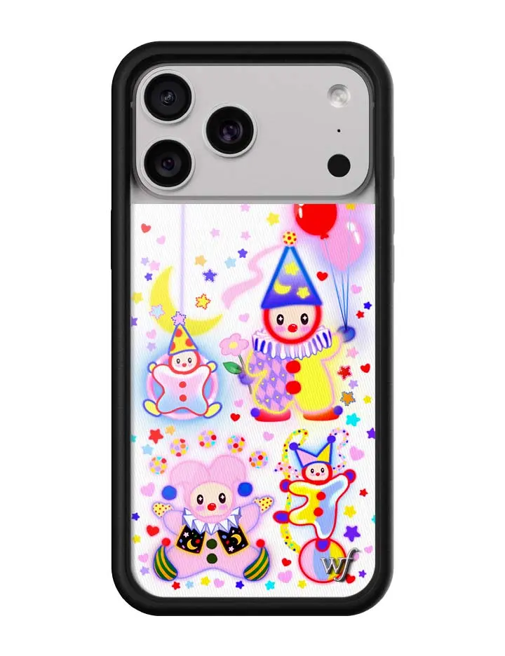 Clown Around | Limited Edition iPhone Case | Raised Protective Black Bumper | Women Owned Small Business | Cute Colorful Vibrant Clowns and Balloons Stars and Moon | Safety Casing Protective | Cellphone Cute Aesthetic