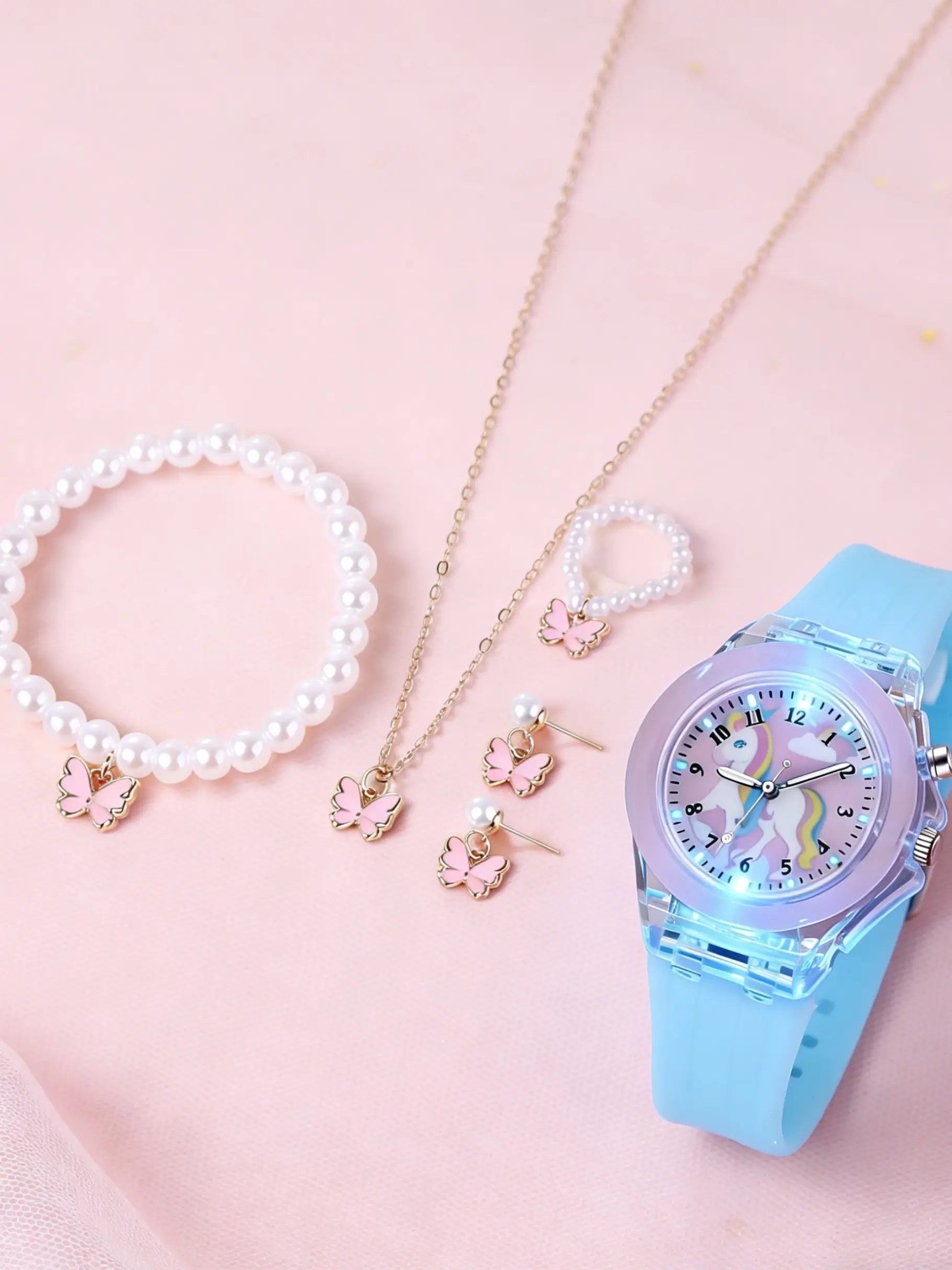 Cute Girly Unicorn Fashion Watch Set, Accessories, Includes Glowing Butterfly Quartz Watch and Pony Bracelet, Perfect Gift for Boys Girls Birthday Valentine's Day Easter