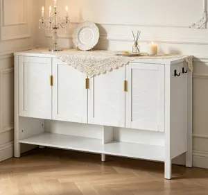 Modern 55.1" Storage Sideboard - 4-Door Multifunctional Buffet with Open Shelf, 2 Adjustable Tiers, Double Hooks, Suitable for Living Room, Dining Area