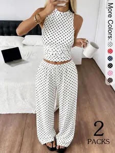 2 Pack Women's Polka Dot High Neck Tank Top & Wide Leg Pants Set, Casual 2 Piece Loungewear Outfits, Trendy Streetwear with Paisley Print Vibe, Perfect for Lounging & Daily Wear