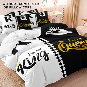 3pcs Valentine's Day Duvet Cover Set, 1*Duvet Cover + 1/2*Pillowcase, No Insert, Fashionable Black and Gray Crown Design Printed Bedding Set, Suitable for All Seasons, Soft Comfortable Breathable Decorative Duvet Cover, Best Home Party Gift