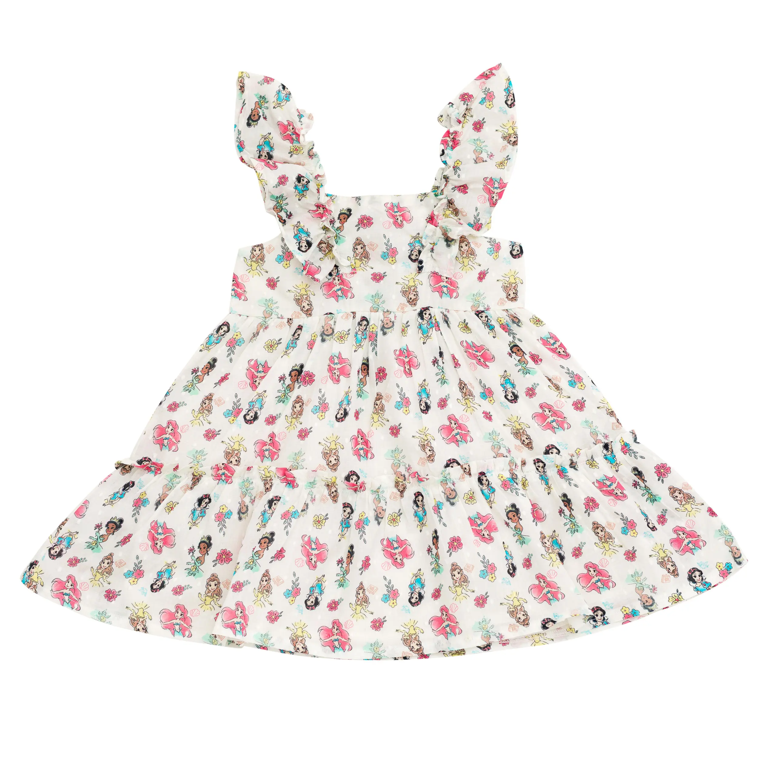 Disney Girls' Princess Tiered Sundress in Swiss Dot Cotton, Sleeveless All Over Print Outfit with Ruffle Straps for Easter Parties, Cotton Fabric, Tiered Skirt, Ruffled Straps, 6 - 7 Years, Fit & Flare
