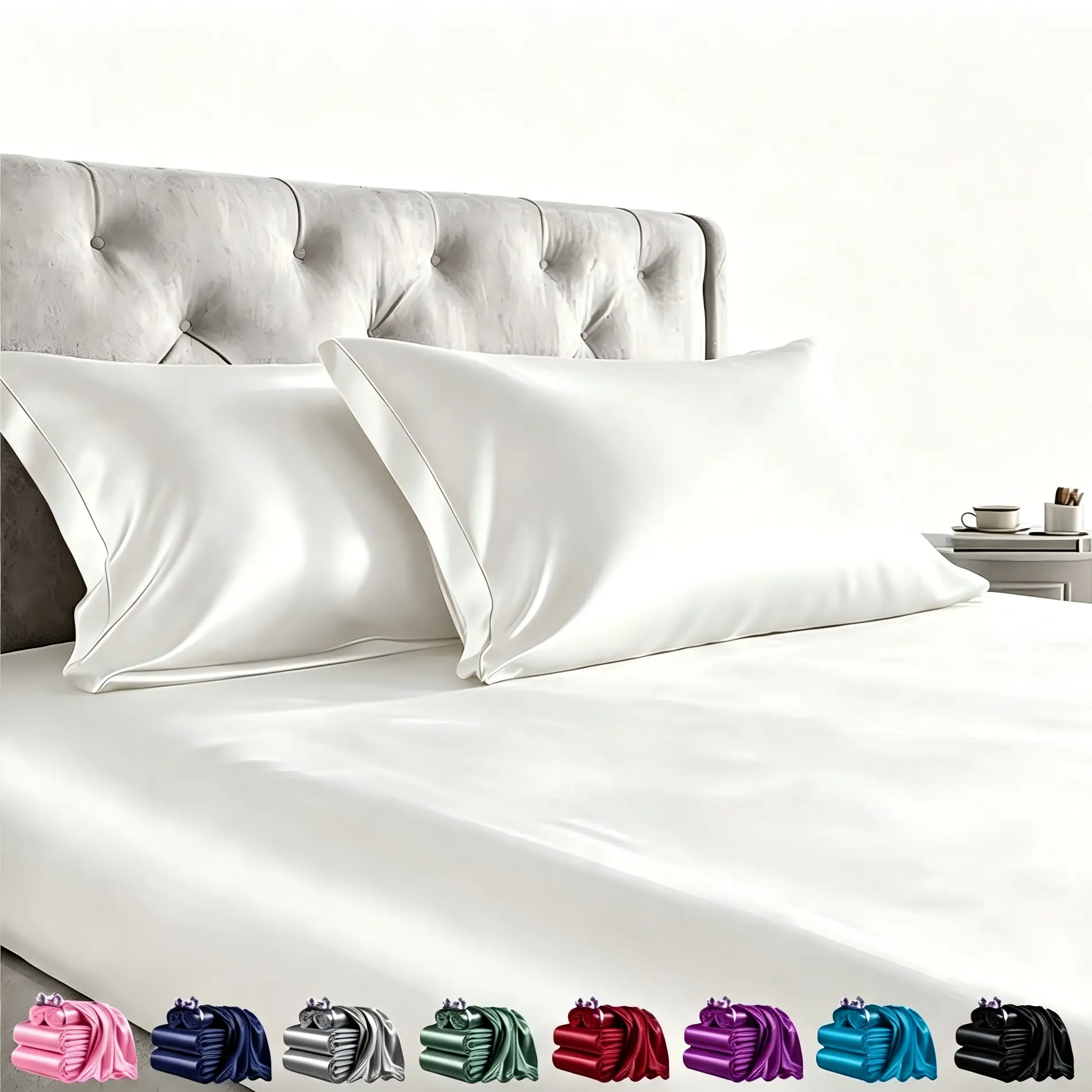 WVG Cooling Satin Fitted Bedsheet Sheet Set with Pillowcases 2/3-Piece - Soft, Hair-Friendly, 16-Inch Deep Pocket for Bedroom, Dormitory Satin Bed Sheets Summerwins Gift Queen/King/Full/Twin Size Back to School Dormitory Home Decor