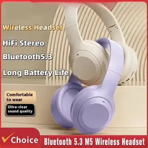 M5 Bluetooth 5.3 Wireless Headset HiFi Stereo Earphones Noise Cancelling Gaming Headband Foldable with Mic 40MM Unit 40 Hours Battery Life Comfortable Sport-friendly Smart Voice Assistant ENC Trucker Quran Speaker LED Light frame Auto Clicker