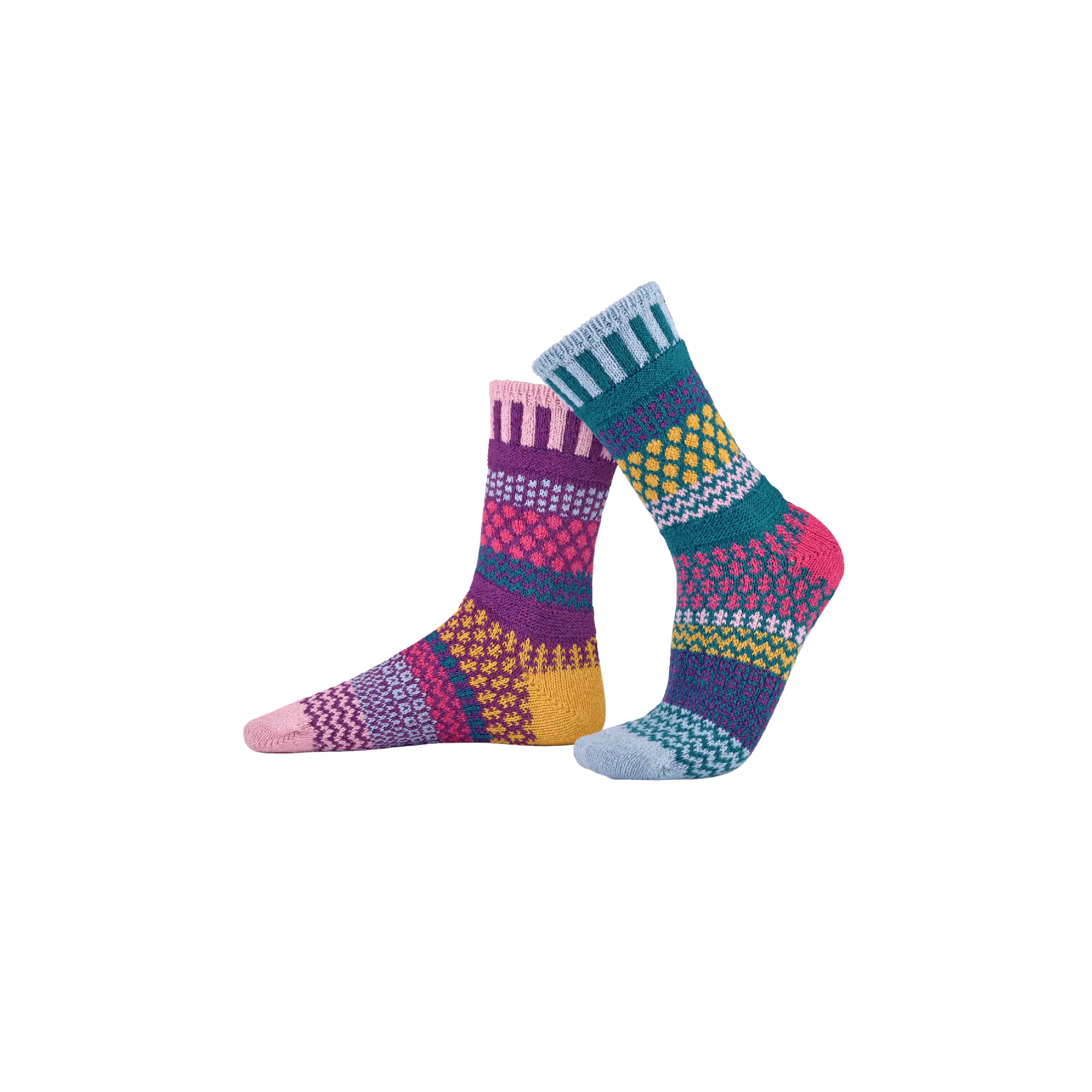 Solmate Socks Petunia Crew Socks - Mismatched, Recycled Cotton, Made in USA