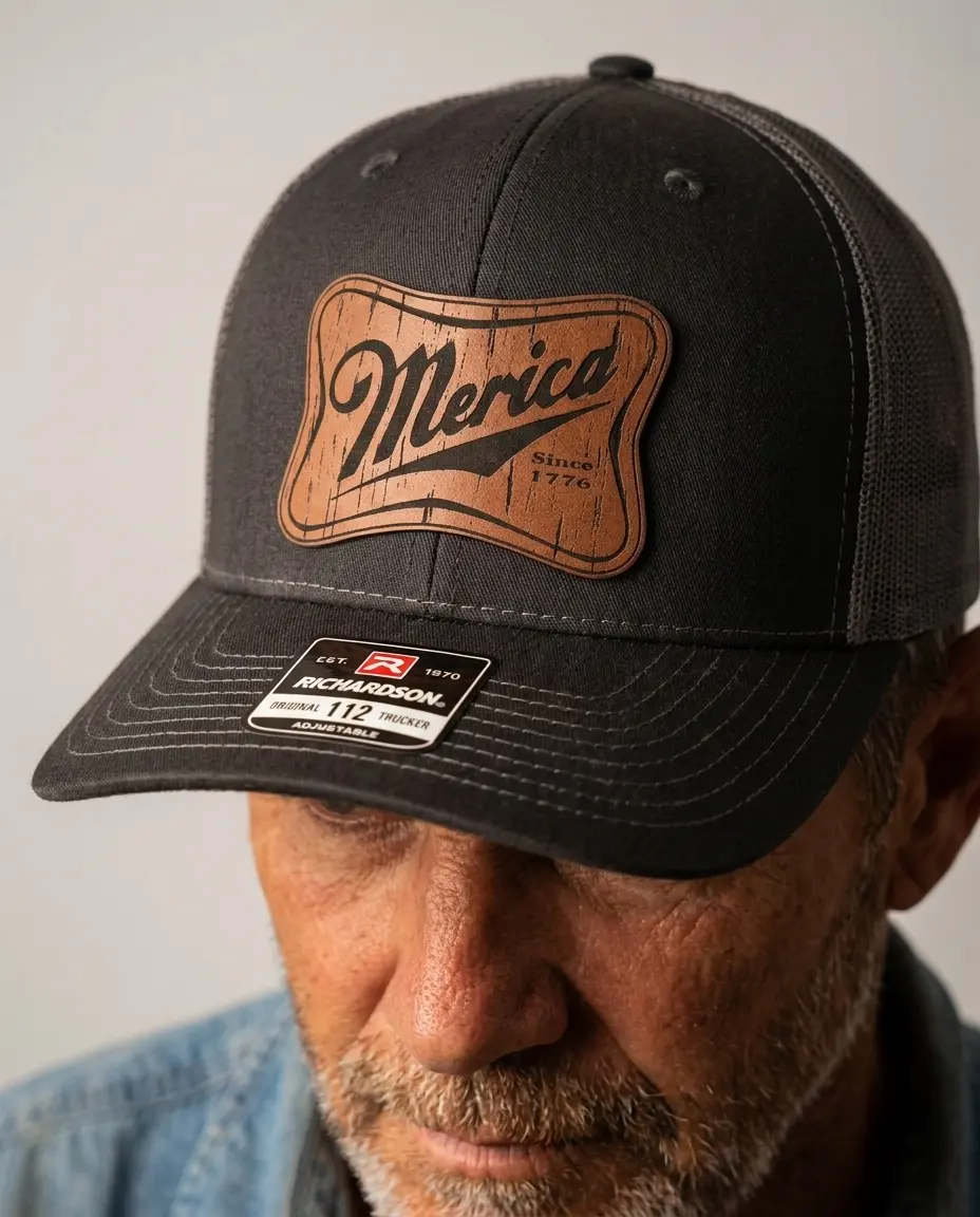 Richardson "Merica" Leatherette Patch Trucker Hat - Adjustable Snapback Cap with Laser-Engraved Patch & Durabull Lonestar Adhesive men hats