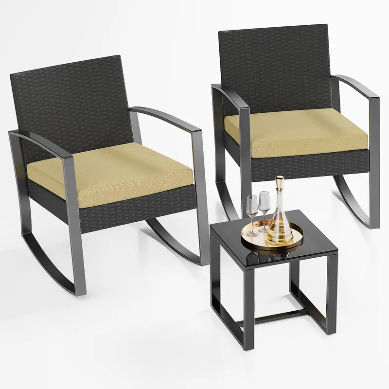 GIZOON 3 Pieces Patio Furniture Set Rocking Bistro Set Outdoor Rattan Conversation with Coffee Table for Garden Balcony Backyard Poolside (Grey Cushion) GIZOON 3 Pieces Patio Furniture Set Rocking Bistro Set Outdoor Rattan Conversation with Coffee Table for Garden Balcony Backyard Poolside (Grey Cushion)