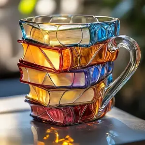 Handmade Glass Coffee Mug Stackable 7oz Book-Themed Cup with Vibrant Multicolor Pages 3D Book Design for Book Lovers