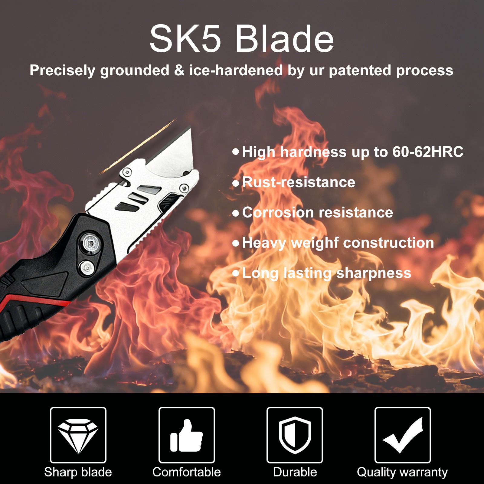 Heavy Duty Folding Utility Knife with 6 SK5 Blades, Quick Release Safety Box Cutter, 3 Cutting Angles, Ergonomic Grip and Blade Storage for Cardboard, Packaging, Carpet and DIY