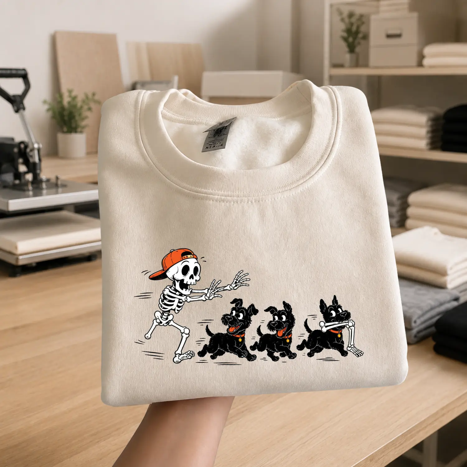 Scottish Terrier Halloween Skeleton Sweatshirt, Funny Spooky Season Scottie Dog Lover Crewneck, Pet Costume Graphic Pullover, Unisex Halloween Sweater