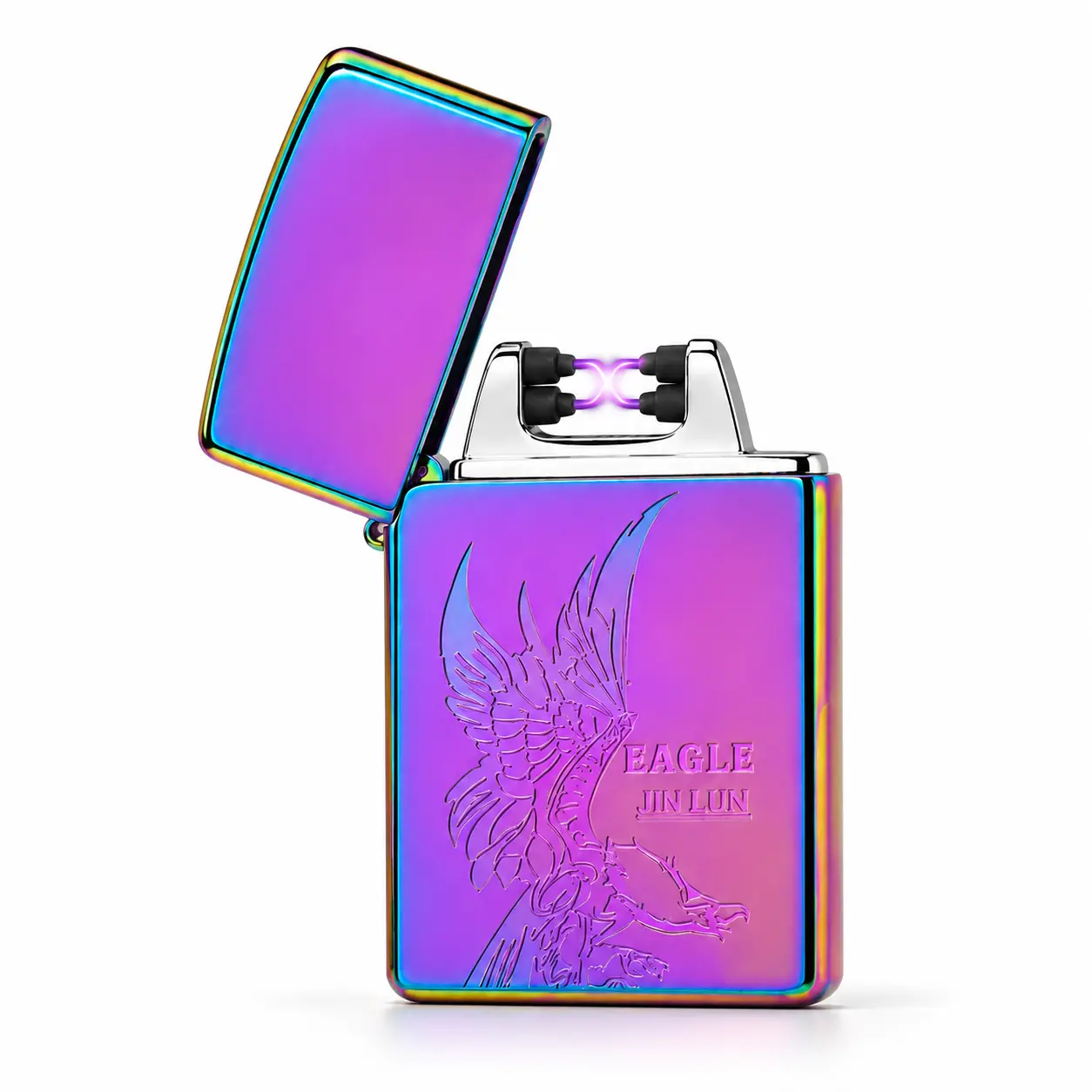 Rechargeable dual-arc electronic lighter, USB-C flamelesspocket lighter with a rainbow metal casing and embossedeagle design, suitable for outdoor use, camping, andaromatherapy lighting.