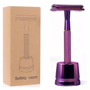 Purple Neon Lavender Perfect Women Lady Shaving Safety Razor Smooth Gliding & 5 Double Edge Blades for unwanted hair facial Bikini hair arms legs under armpits peach fuzz exfoliating facial razor Traditional
