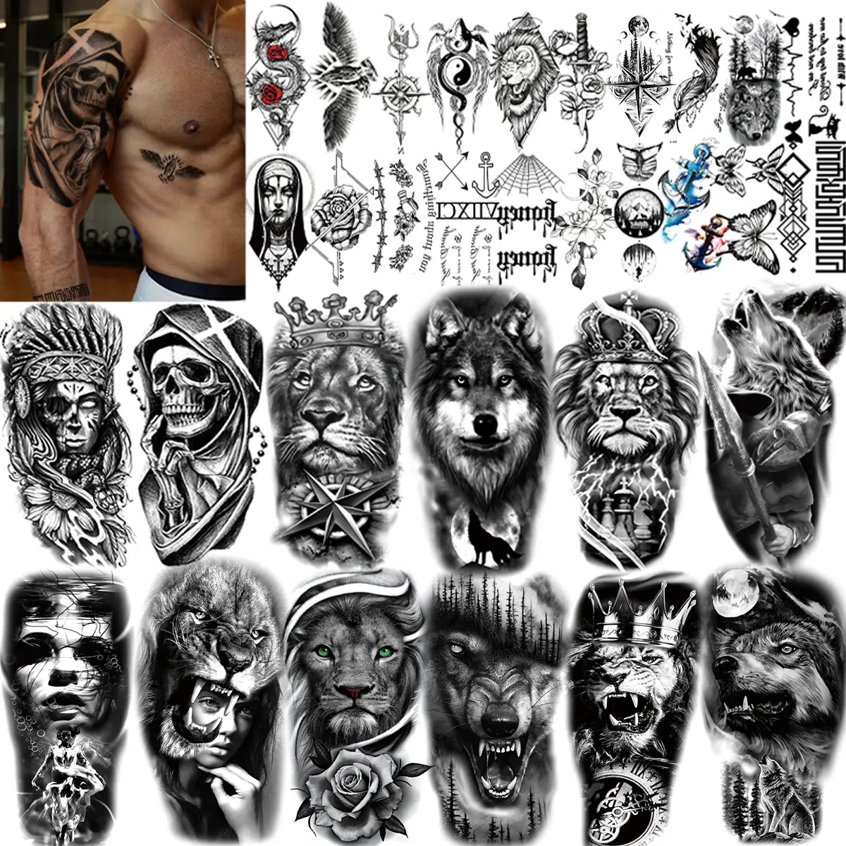 32 Sheets Tribal Wolf Lion Temporary Tattoos For Men Women Adults, Scary Halloween Skull Gangster Fake Tattoo Stickers Small 3D Realistic Tattoos Thigh Arm Neck Butterfly Rose Dragon