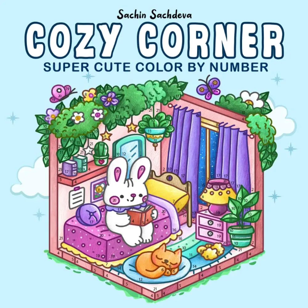 Cozy Corner Color by Number Super Cute Coloring Book for Adults and Teens with 40 Unique Hand Drawn Illustrations and Easy to Follow Numbered Designs