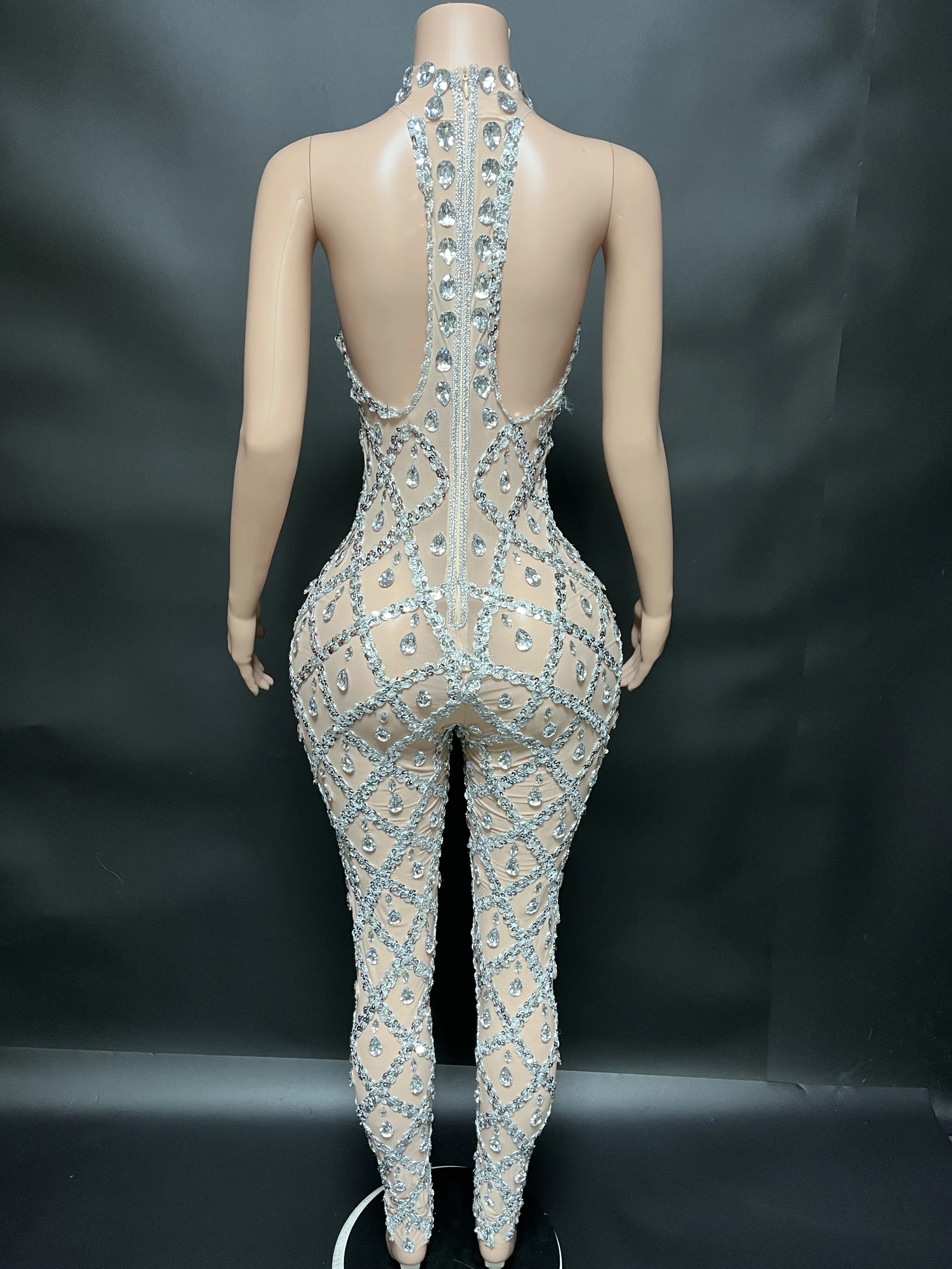 The Desire Chandelier Silver Diamond Sexy See Through Jumpsuit for Women