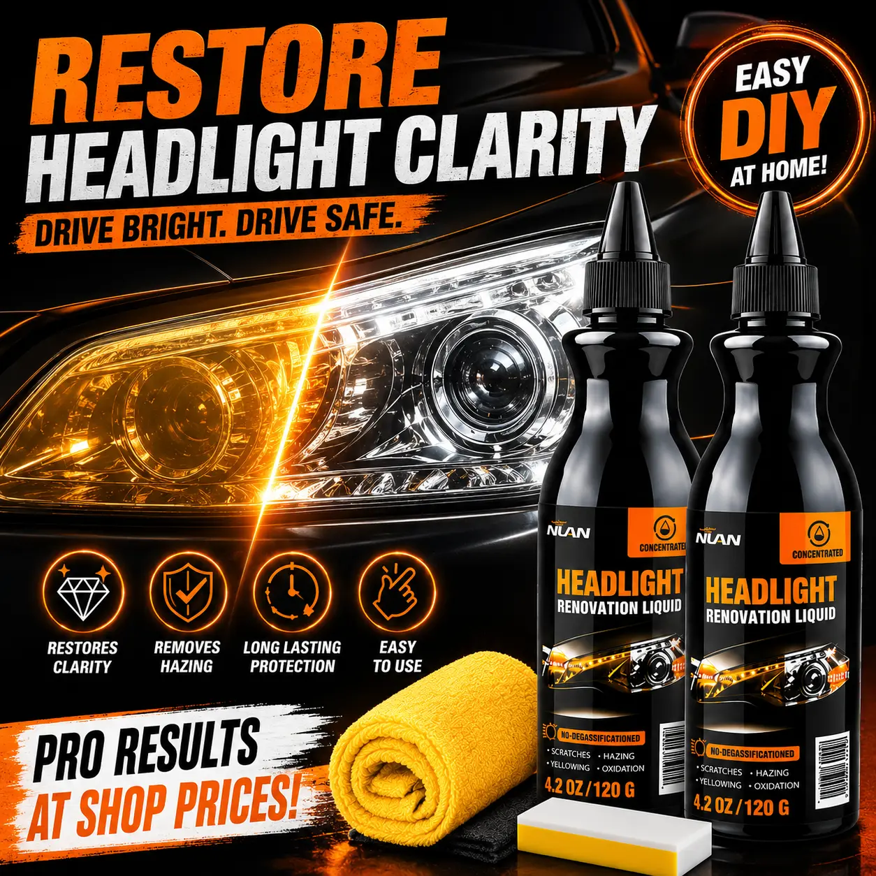 NUAN Car Headlight Restoration Cream Kit - Automotive Surface Cleaner with Emulsion, Synthetic Polymers for Yellowed, Oxidized, Cloudy Foggy Headlights, Offers Clarity, Easy Application, Long-Lasting Oxidation Removal