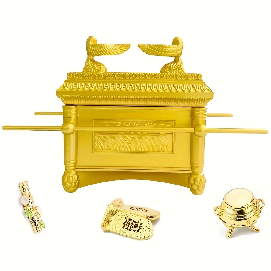Gold-Plated Ark of the Covenant Artificial Resin Statue, Christian Collectible Figurine Decoration Set, Religious Home-Office Desk Decor, Thoughtful Gift Accent, Artificial Resin Statues, Collectible Statues