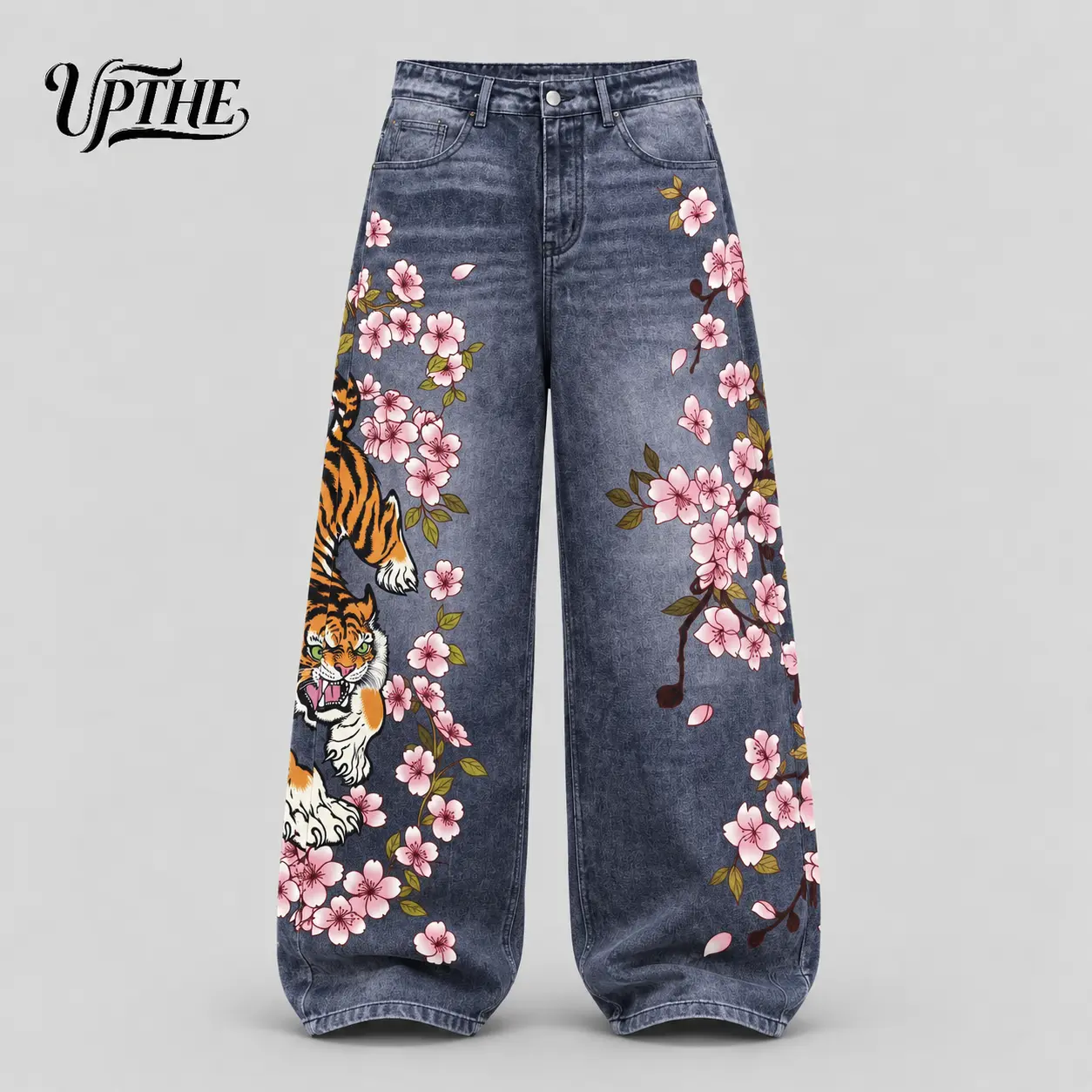 UP THE  Sakura Tiger Full Print Oversized Wide Leg Baggy Jeans Men Dark Raw Wash Stacked Denim Pants Y2K Hip Hop Oriental Streetwear Daily Casual Outfit,sohochic