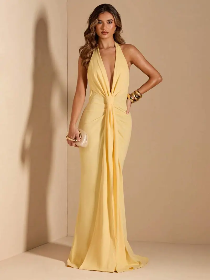 pale yellow dress formal Abigail Maxi Dress, in Pale Yellow Luxe Satin, Size: XS | Show Me Your Mumu