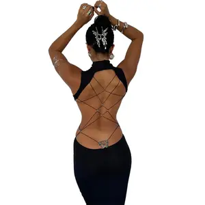 Women's Backless Butterfly Decor Bodycon Dress, Fashionable High Neck O-ring Tank Dress for Party Club Dating Wear, Dresses for Women, Fall Dresses, Ladies Back To School Clothes for Fall, Birthday Dresses 2025,dresses for women