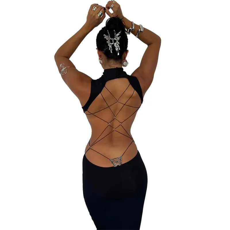 Women's Backless Butterfly Decor Bodycon Dress, Fashionable High Neck O-ring Tank Dress for Party Club Women's Backless Butterfly Decor Bodycon Dress, Fashionable High Neck O-ring Tank Dress for Party Club