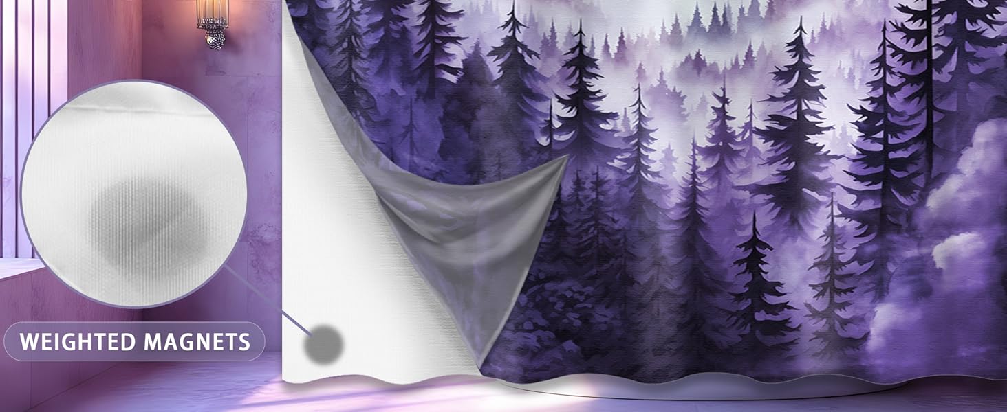 Forest Shower with Snap in Liner, Nature Mountain No Hook Layer Shower and Liner Set, Ringless with Window Waterproof Cloth, 71" W x 74" L, Purple