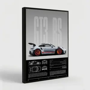 NBHYK Porsche 911 GT3 RS Poster 992 Physical Print Hyper Car Artistic Decor for Bedroom Dorm Man Cave Modern Abstract Design Bathroom Wall Art Plated Gold Preserved Rose with Stand