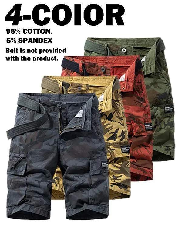 TikTok Viral Men Camo Cargo Shorts, 95% Cotton 5% Spandex Stretch Knee Length Utility Shorts, Free Matching Belt, 4 Camouflage Colors, Multi Side Pocket Loose Tactical Bottoms, Soft Flexible Fabric For Hiking Camping Fishing, Trendy Casual Camo Shorts For