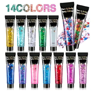 14 Colors Body Glitter, Face & Hair Glitter Gel Set for Festival, Eye Shimmer for Women Glow in The Dark Rave Accessories Party Supplies, Face Paint Hair/Cheek/Eyelid Sparkle Makeup(18ml/Tube)
