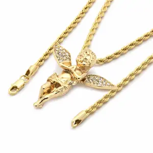 Baby Angel Cubic Zirconia Iced Pendant & 4mm 18" 20" 24" Rope Chain Hip Hop Necklace Fashion Jewelry for Men, Women, Unisex