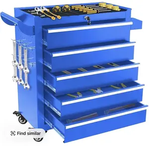 Blue 5-Drawer Rolling Tool Cart with Tool Set and Side Hooks