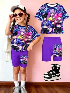 Girls Anime Print T-Shirt & Shorts 2-Piece Summer Set, Casual Street Style, All over Print, Short Pants, Fitted Suit, Summer Clothing Set