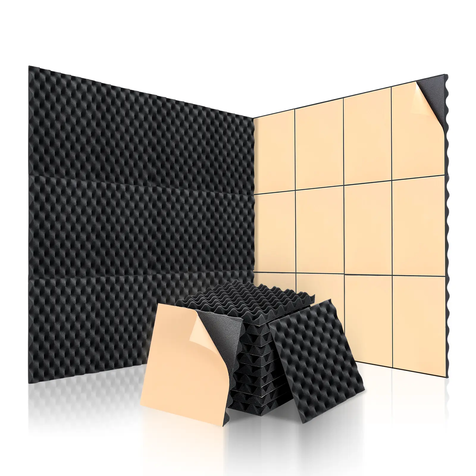 SODOCT 24-Pack Self-Adhesive 12"x12"x1.2" Egg Crate Acoustic Foam Panels - High-Density Polyurethane, 25kg/m3, Easy-to-Install Sound Control Panels for Personal Studios, Home Rooms (Acoustic Treatment Leader)