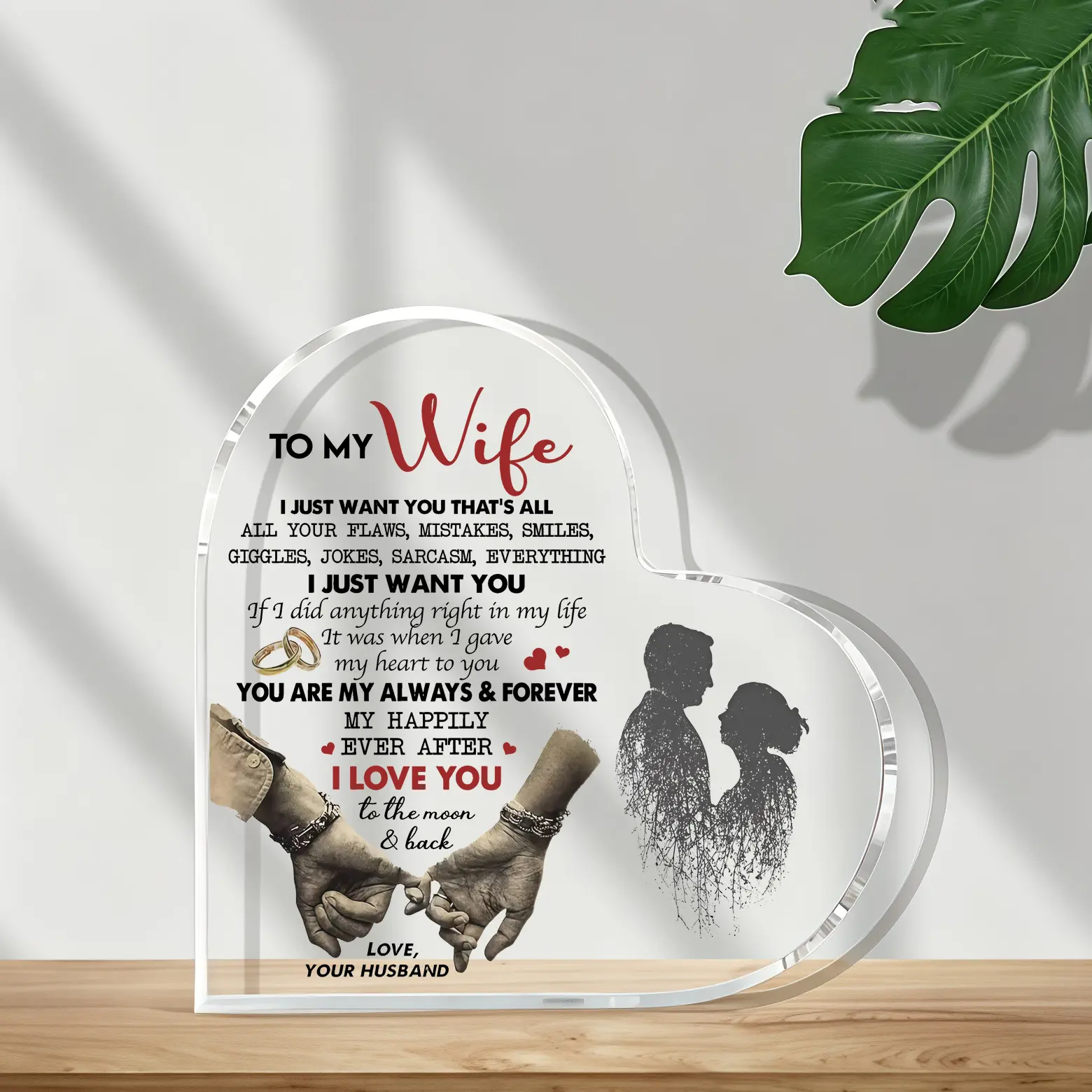 Heart Shaped Acrylic Desk Plaque To My Wife With Wooden Stand, Holding Hands Couple Love Quote Table Sign, Romantic Gift From Husband For Thanksgiving Christmas Bedroom Home Decor