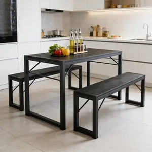 45.5-Inch 3 Piece Dining Table Set, 1 Table + 2 Benches, Iron Frame & MDF, Space-Saving Black Set for 4 People, Daily & Household Use