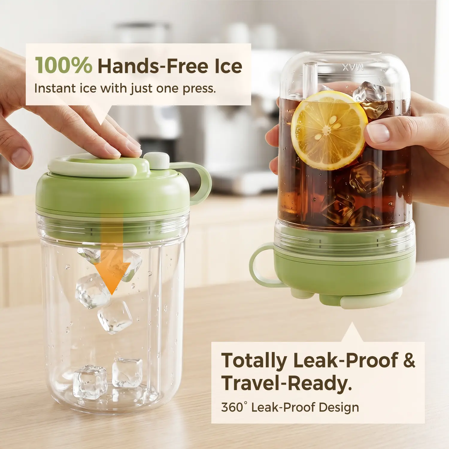 550ML 2 in 1 Ice Cube Bottle, Silicone Icecube Cup with Straw, Portable Touch Free Icecube Trays,Press to Release Ice Tray for Home Ice Making, Office Use for Cocktail, Coffee outdoorfun,Beach Essentials,Summerwins,camping essentials,green