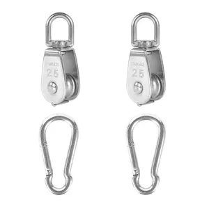 2Pcs 304 Stainless Steel M25 Single Pulley Block Wire Rope Hanging Towing Wheel with 2Pcs Spring Snap Hook