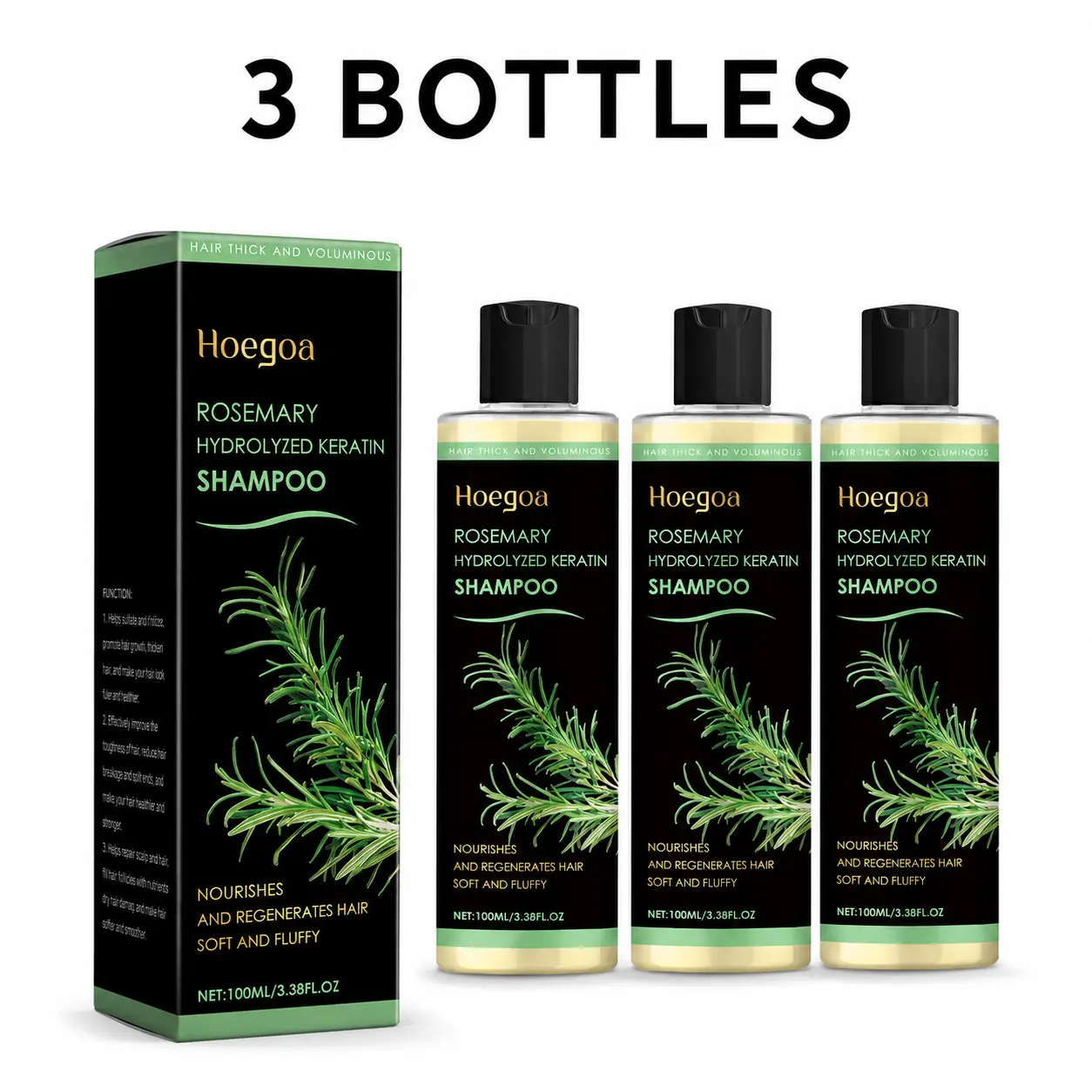 【3 bottles】Natural Rosemary Travel Shampoo Infused with Vitamin C, Hydrolyzed Keratin & Vegan Caviar - Adult Scalp Treatment, Anti-Dandruff, Oil Control, Scalp Discomfort Relief, Hair Strength Boost & Luster Restoration Haircare   rare beaut