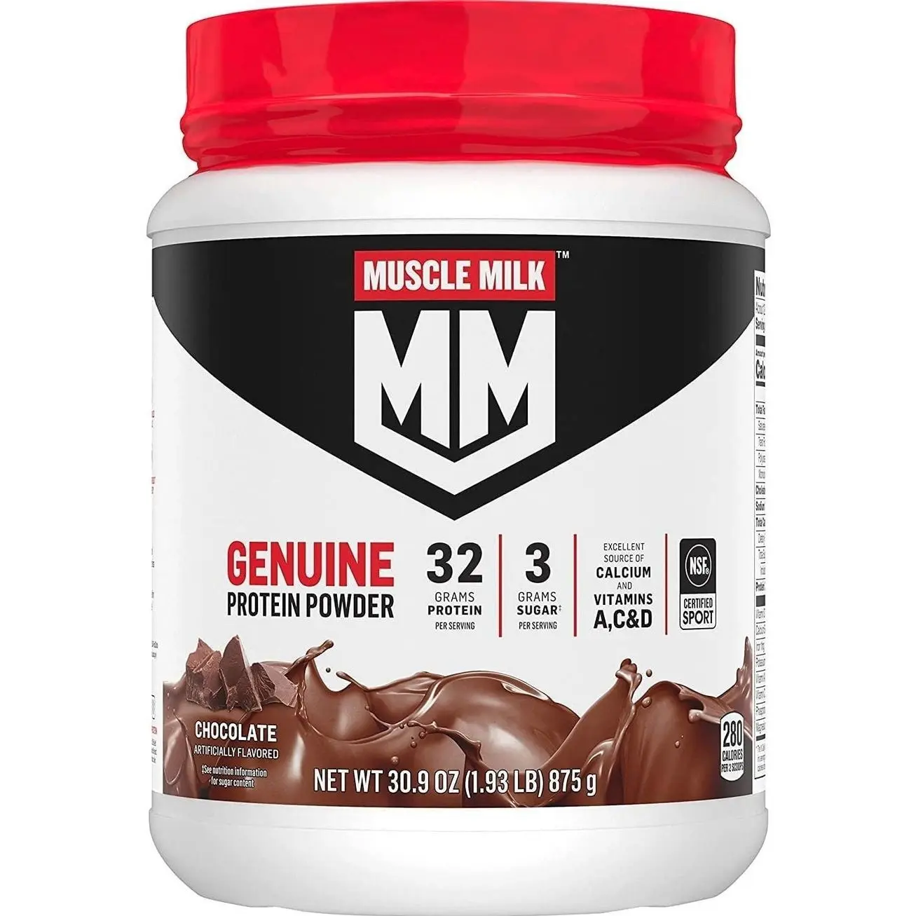 Muscle Milk Genuine Protein Powder, Chocolate, 1.93 Pounds, 13 Servings, 32g Protein, 2g Sugar, Calcium, Vitamins A, C & D, NSF Certified for Sport, Energizing Snack, Packaging May Vary Supplement