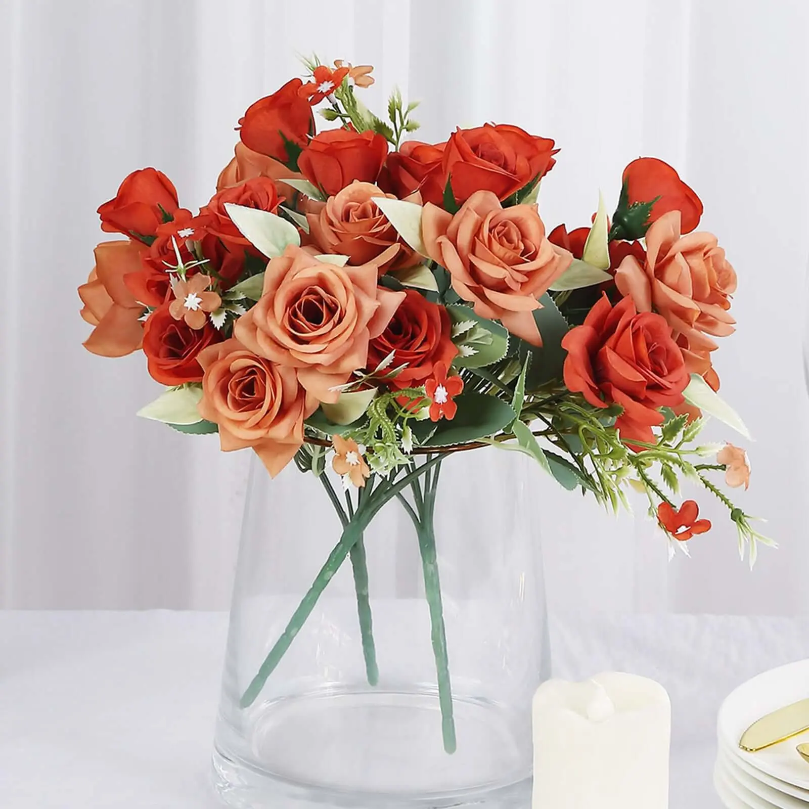 4 Pack 12" Terracotta (Rust) Real Touch Artificial Rose Flower Bushes, Silk Faux Floral Plants