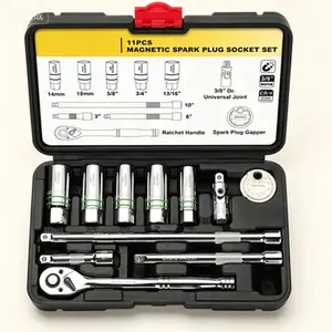 3/8" Drive Magnetic Spark Plug Socket Set with Ratchet Wrench, Universal Joint, Extension Bar and Gapper Tool - 11-Piece Kit for 5/8", 3/4", 13/16", 14mm, 18mm Sizes - Reusable Automotive Tools - Complete Spark Plug Removal and Installation Set