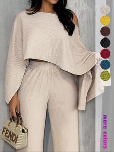 two-piece set women's solid color top & elastic waist pants, casual fashion cozy top & trousers for daily outdoor wear, women's clothing for fall