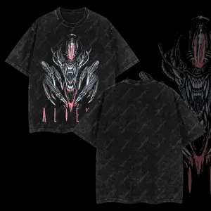 Superstyle Xenomorph Alien Outer Screamer Ver 03 Alien vs. Predator AVP Edition Double Printed Oversize Lightweight Acid Washed Tee TV Series Movies Graphic Design Top Cotton Streetwear Comic Superheroes T-Shirt Clothes Menswear Womenswear