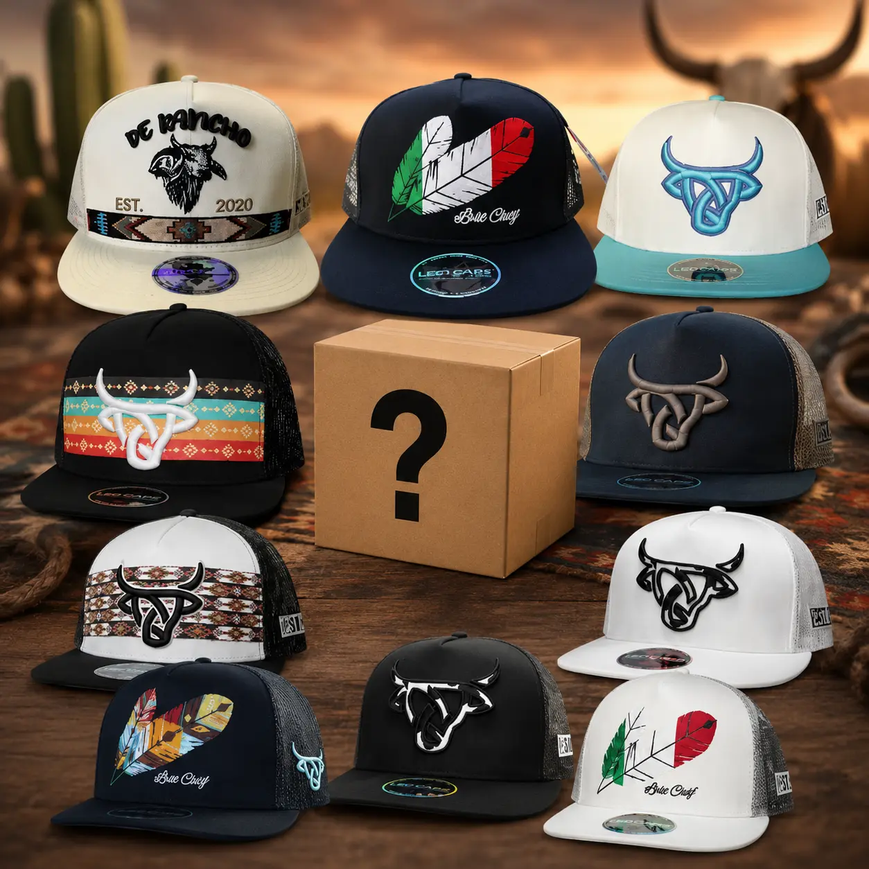 [COMBO BUY 1 GET 1 ] One Hat Sent, Vintage Retro Western Hat Collection, DE Rancho Tribal Bull Hat, Lost Calf Arrow Flat Bill Hat, Mexican Tribe Mesh Back Snapback, Western Trucker Hat