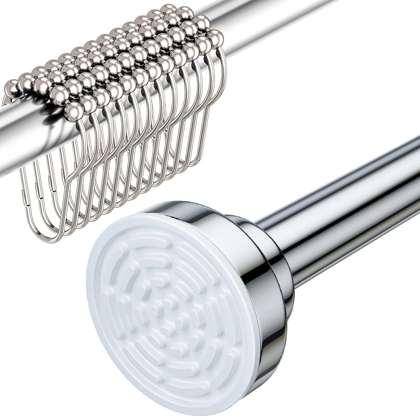 Rust-Proof Shower Curtain Rod & Hooks Set – Adjustable Tension Rod (26-78") with 12 Easy-Glide Stainless Steel Roller Rings – Heavy Duty, No-Drill Installation (Silver/Polished Nickel)