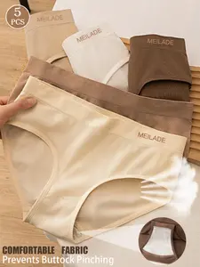 MEILADE 5pcs Seamless Panties Mid Waist Maillard Color Women's Briefs Lifting Buttock High Elasticity Comfortable Breathable Flat Belly Sheath Underwear Classic Minimalist Design