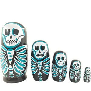 Russian Nesting Dolls, Stacked Hemu Wood Handmade Russian Dolls, 5 Pieces 6 Inch Skull Skeleton Easter Egg Toy, Kids Birthday Gift Decor Easter Decorations