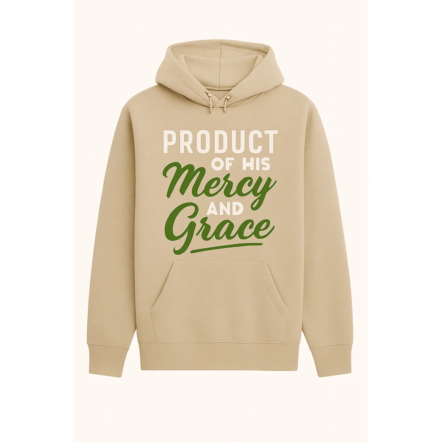PRODUCT OF HIS Mercy AND Grace – Sand Hoodie (Cream & Olive Text)